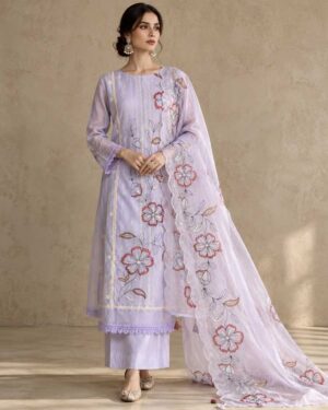 Lavender Floral Embroidered Unstitched Suit Set