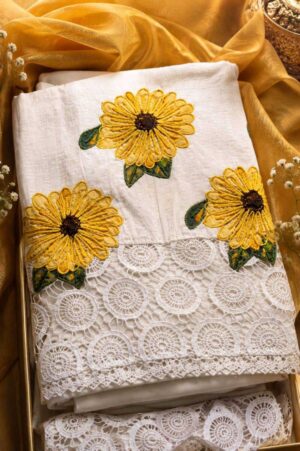 Sunlit Bloom Yellow Embroidered White Unstitched Suit